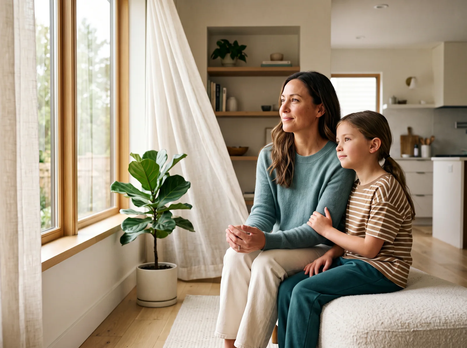 A mother and daughter sharing a calm moment beside an open window at home